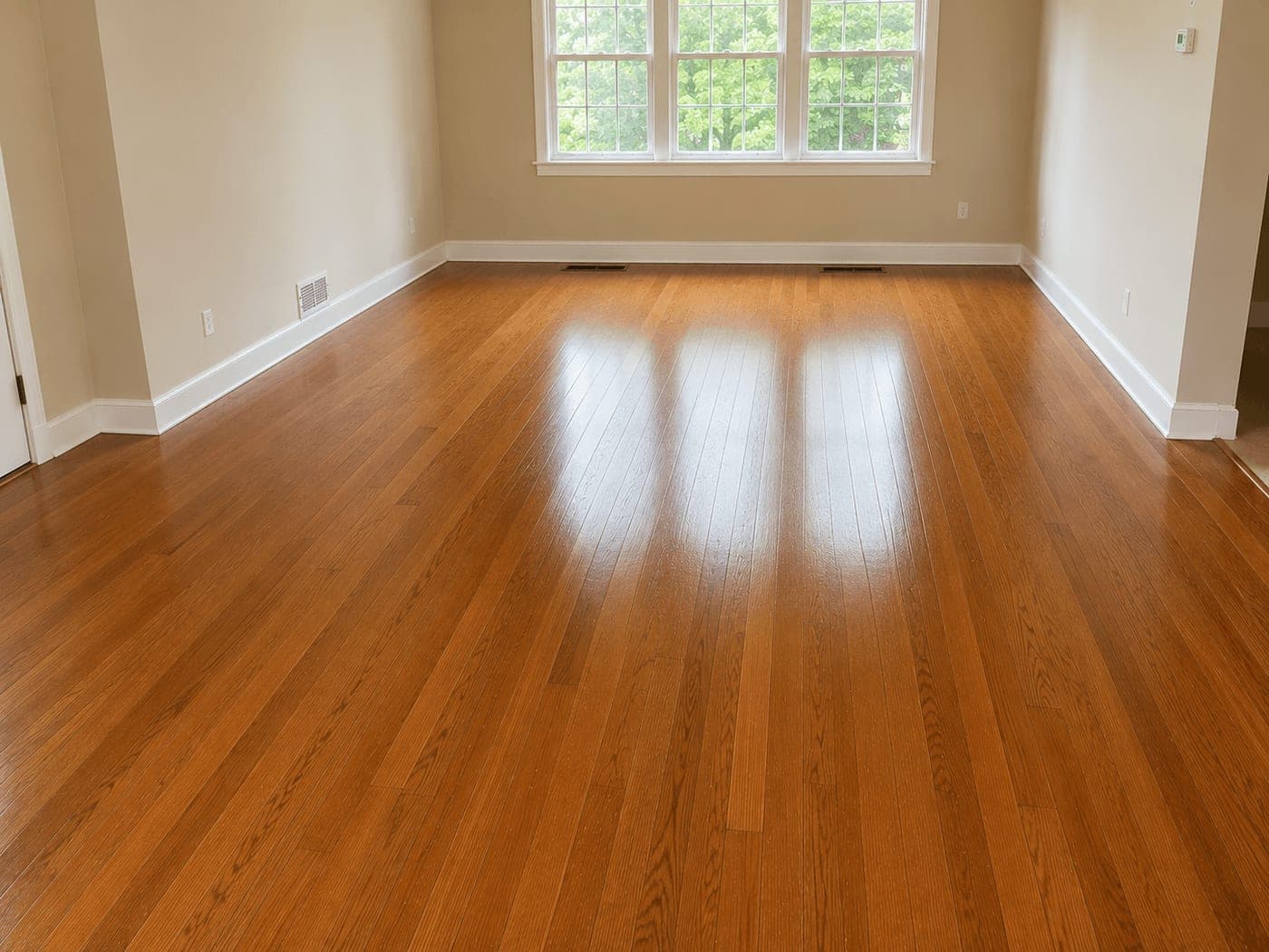 Bedroom with warmly refinished hardwood floor