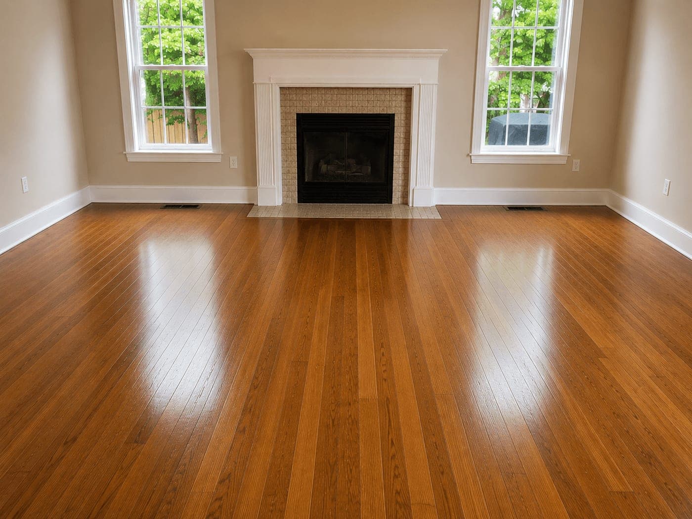 Restored hardwood floor in a living room with a fireplace