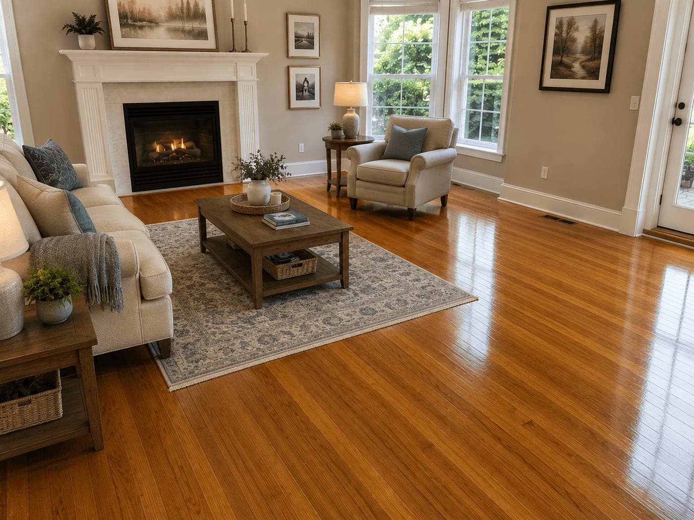 Room with freshly installed solid hardwood flooring