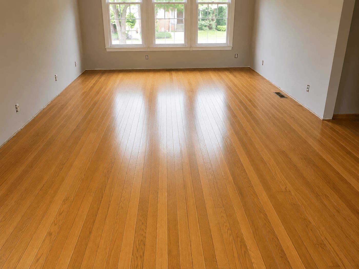 Freshly sanded and refinished hardwood floor