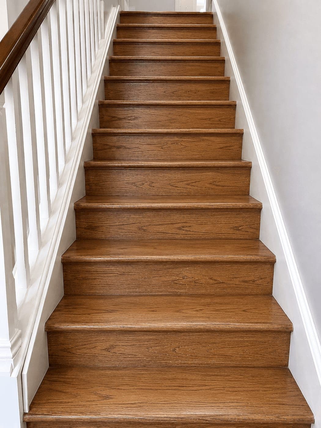 Freshly refinished wooden staircase with a rich stain