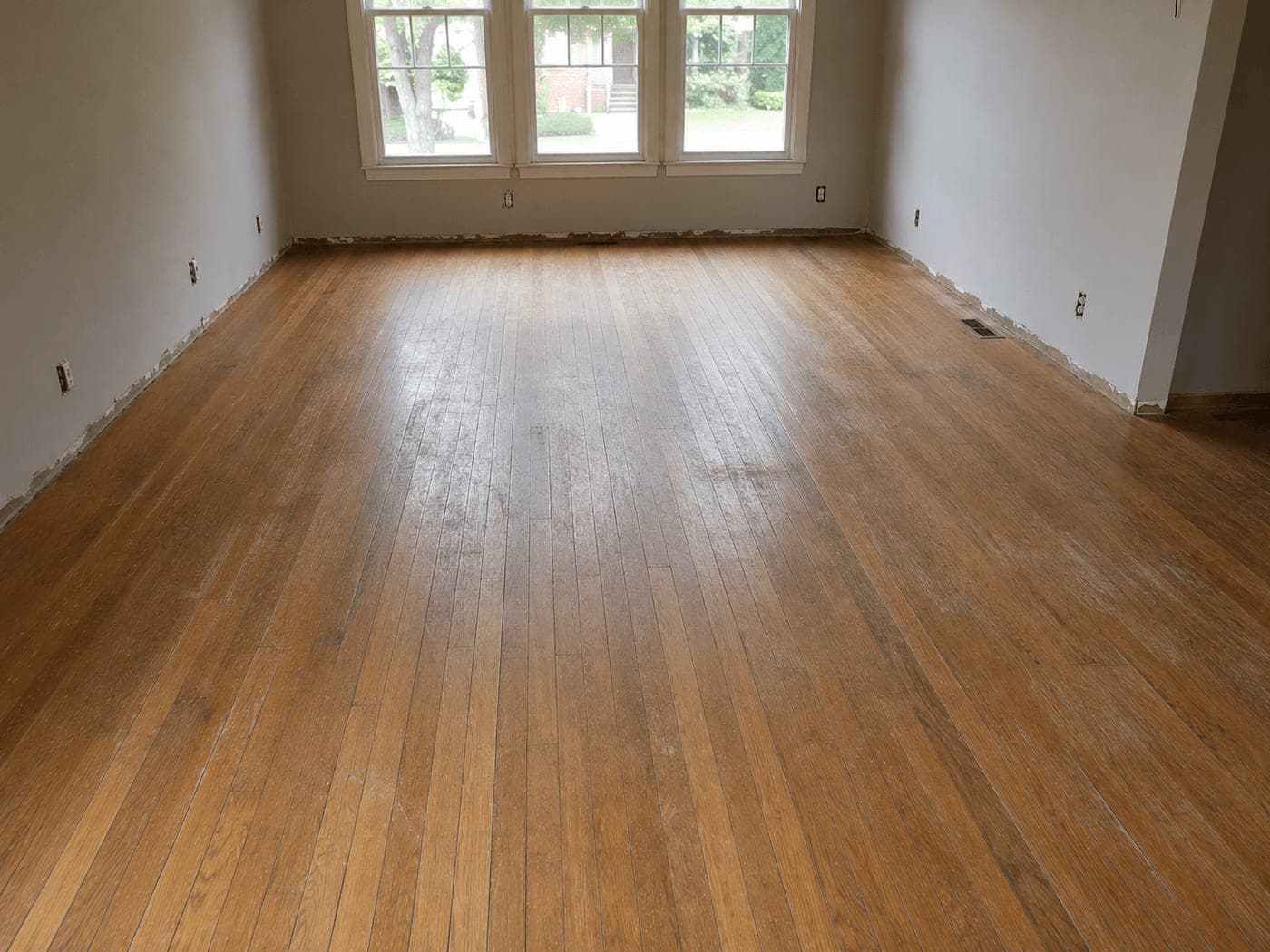 Scratched, faded hardwood floor before dustless sanding