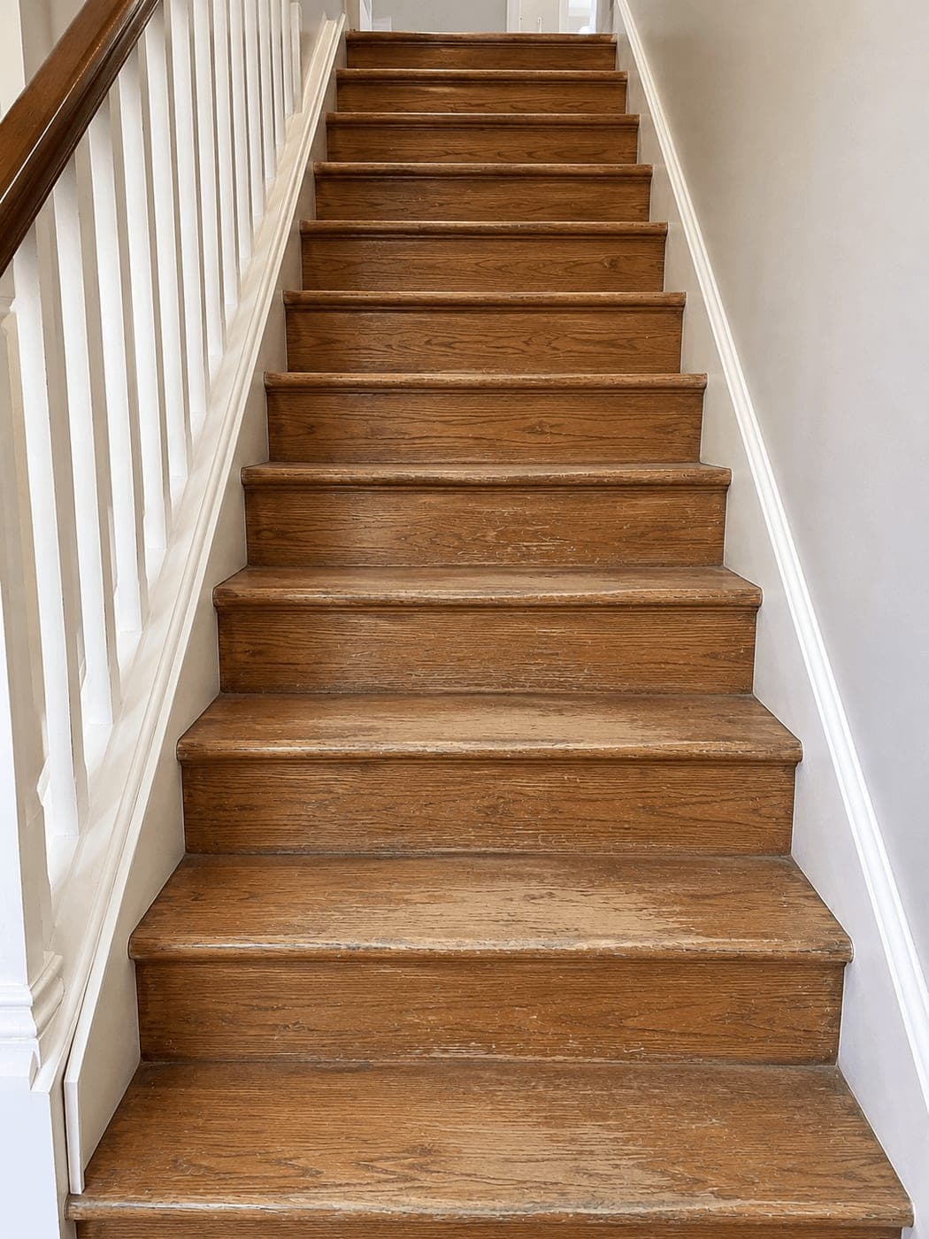 Worn wooden staircase with faded treads before refinishing